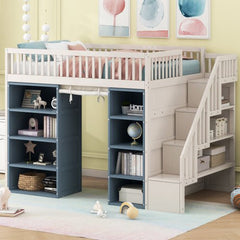 Bellemave® Full Size Loft Bed with 2 Four - layer Storage Cabinets and Curtain - Bellemave