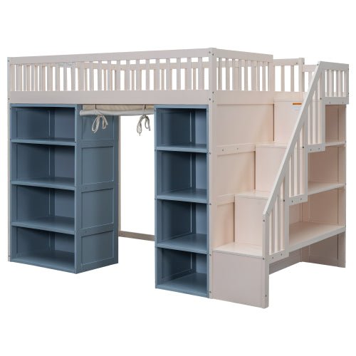 Bellemave® Full Size Loft Bed with 2 Four - layer Storage Cabinets and Curtain - Bellemave