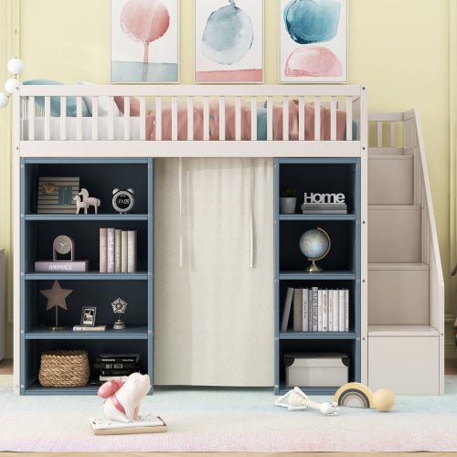 Bellemave® Full Size Loft Bed with 2 Four - layer Storage Cabinets and Curtain - Bellemave