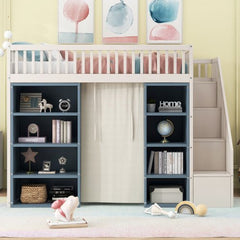 Bellemave® Full Size Loft Bed with 2 Four - layer Storage Cabinets and Curtain - Bellemave