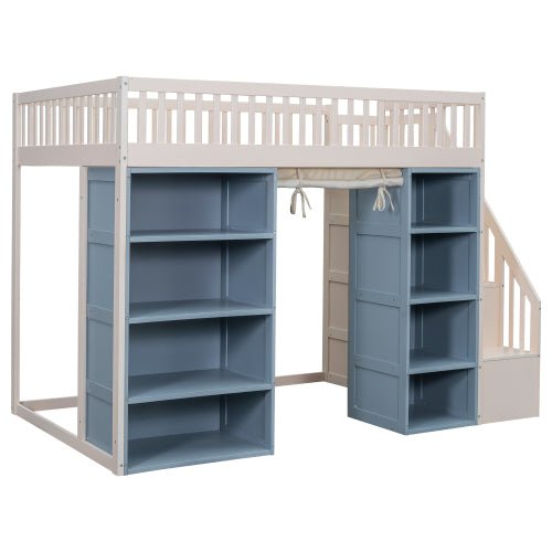 Bellemave® Full Size Loft Bed with 2 Four - layer Storage Cabinets and Curtain - Bellemave