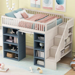 Bellemave® Full Size Loft Bed with 2 Four - layer Storage Cabinets and Curtain - Bellemave
