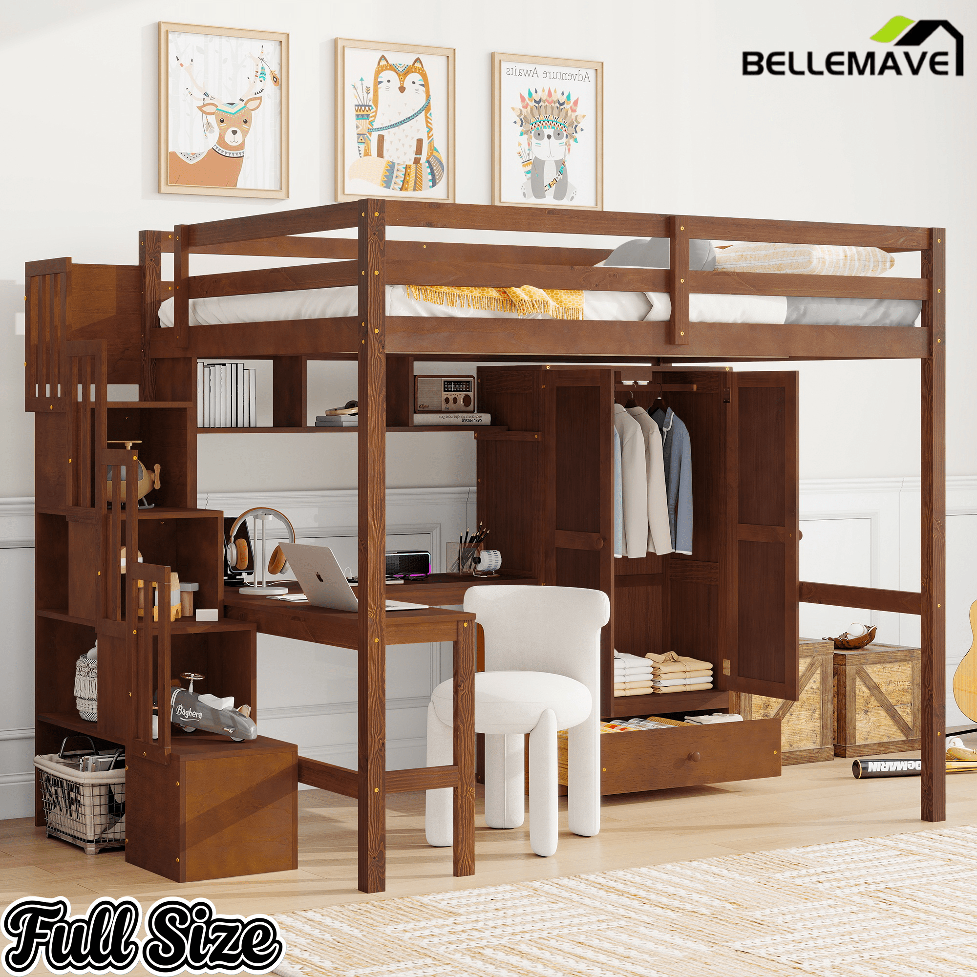 Bellemave® Full Size Loft Bed with Built - in Desk, Bookshelf & Wardrobe - Space - Saving Storage Staircase, Safety Guardrails and Solid Slats, Walnut Finish - Bellemave
