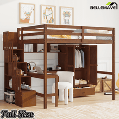 Bellemave® Full Size Loft Bed with Built - in Desk, Bookshelf & Wardrobe - Space - Saving Storage Staircase, Safety Guardrails and Solid Slats, Walnut Finish - Bellemave
