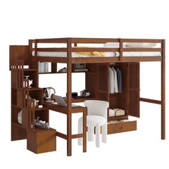 Bellemave® Full Size Loft Bed with Built - in Desk, Bookshelf & Wardrobe - Space - Saving Storage Staircase, Safety Guardrails and Solid Slats, Walnut Finish - Bellemave