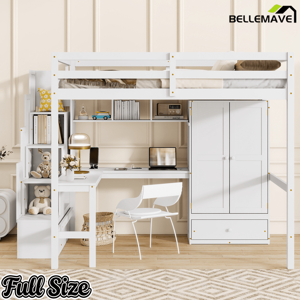 Bellemave® Full Size Loft Bed with Built - in Desk, Bookshelf & Wardrobe - Space - Saving Storage Staircase, Safety Guardrails and Solid Slats, Walnut Finish - Bellemave