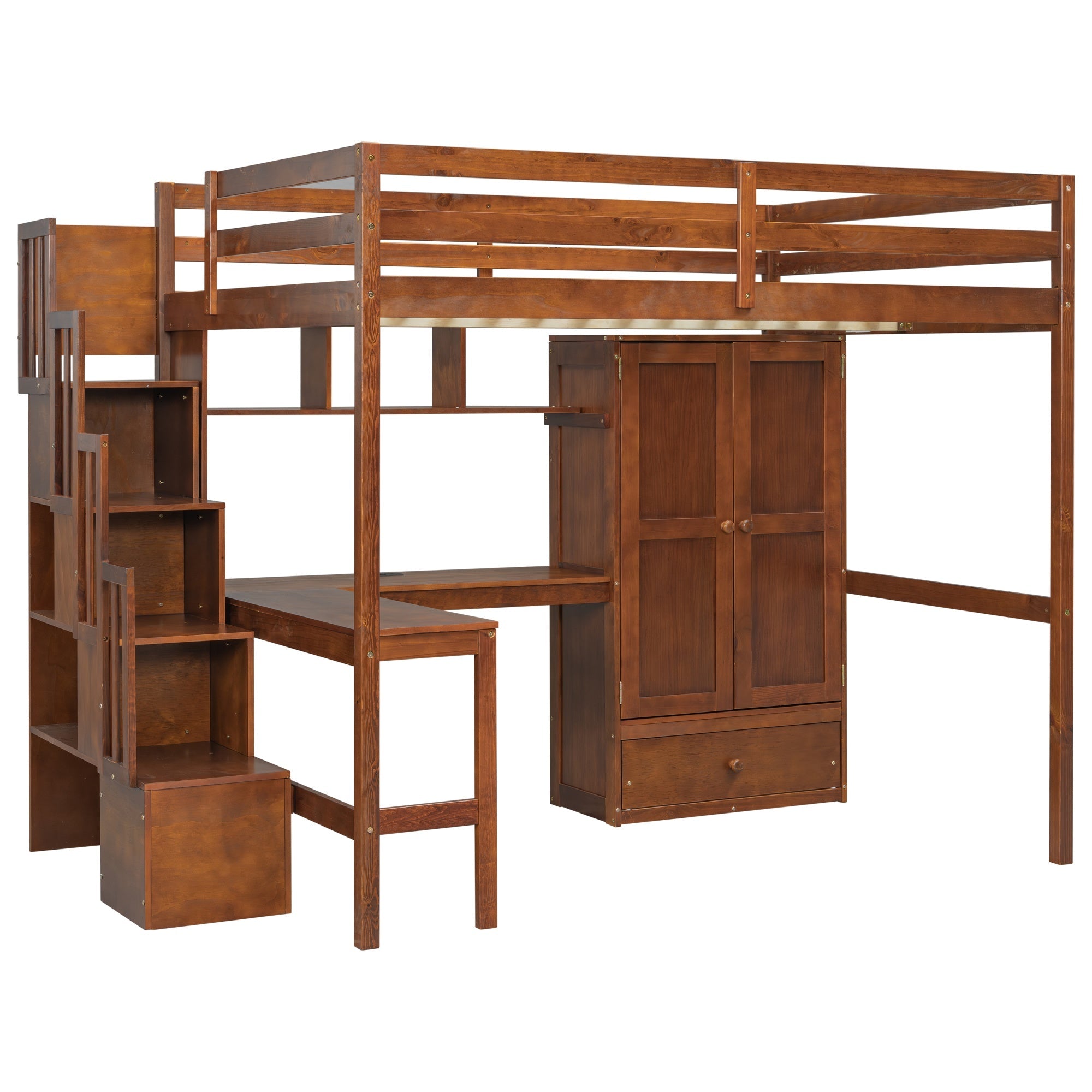 Bellemave® Full Size Loft Bed with Built - in Desk, Bookshelf & Wardrobe - Space - Saving Storage Staircase, Safety Guardrails and Solid Slats, Walnut Finish - Bellemave
