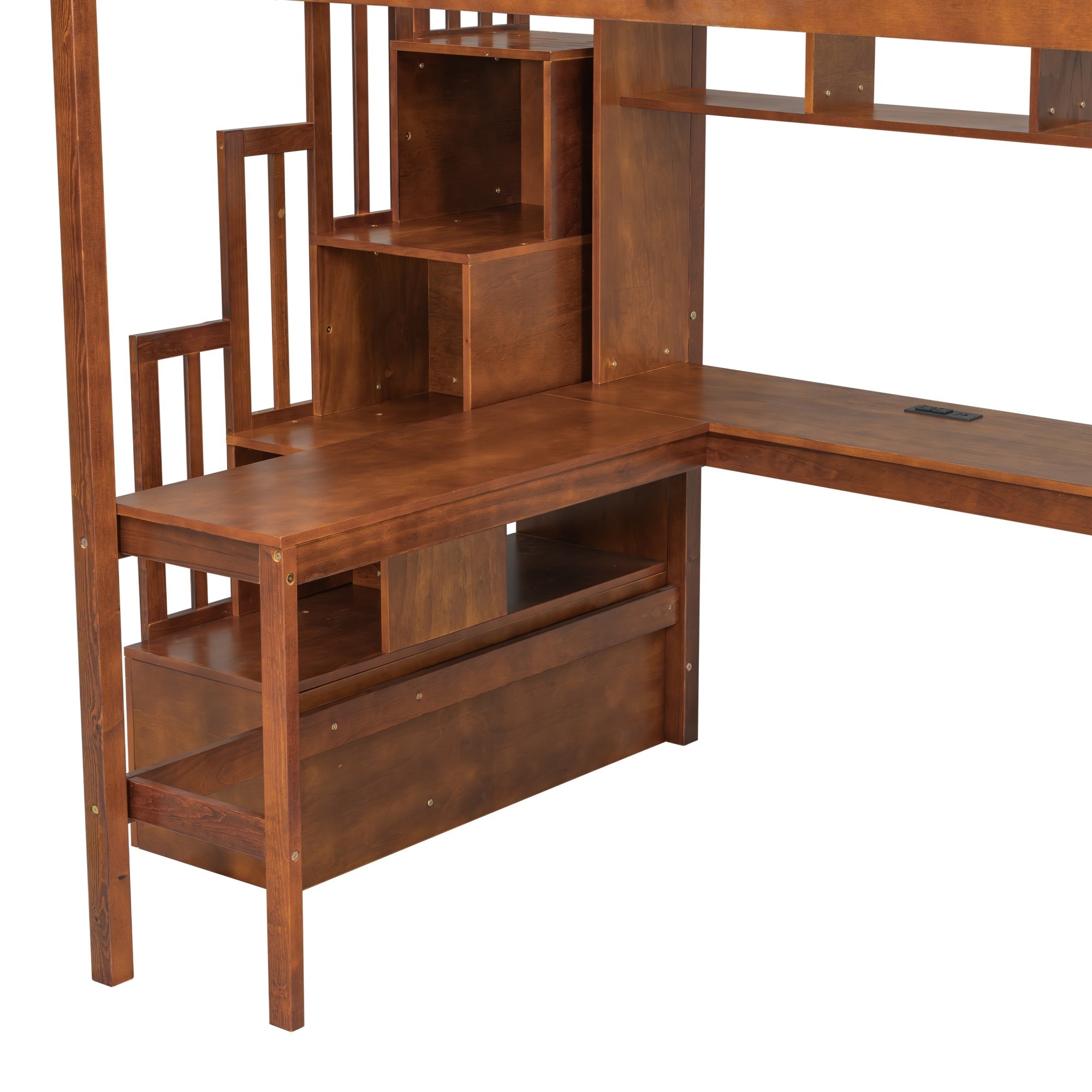 Bellemave® Full Size Loft Bed with Built - in Desk, Bookshelf & Wardrobe - Space - Saving Storage Staircase, Safety Guardrails and Solid Slats, Walnut Finish - Bellemave