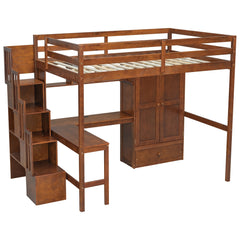 Bellemave® Full Size Loft Bed with Built - in Desk, Bookshelf & Wardrobe - Space - Saving Storage Staircase, Safety Guardrails and Solid Slats, Walnut Finish - Bellemave