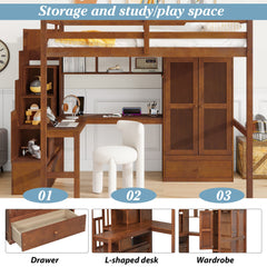 Bellemave® Full Size Loft Bed with Built - in Desk, Bookshelf & Wardrobe - Space - Saving Storage Staircase, Safety Guardrails and Solid Slats, Walnut Finish - Bellemave
