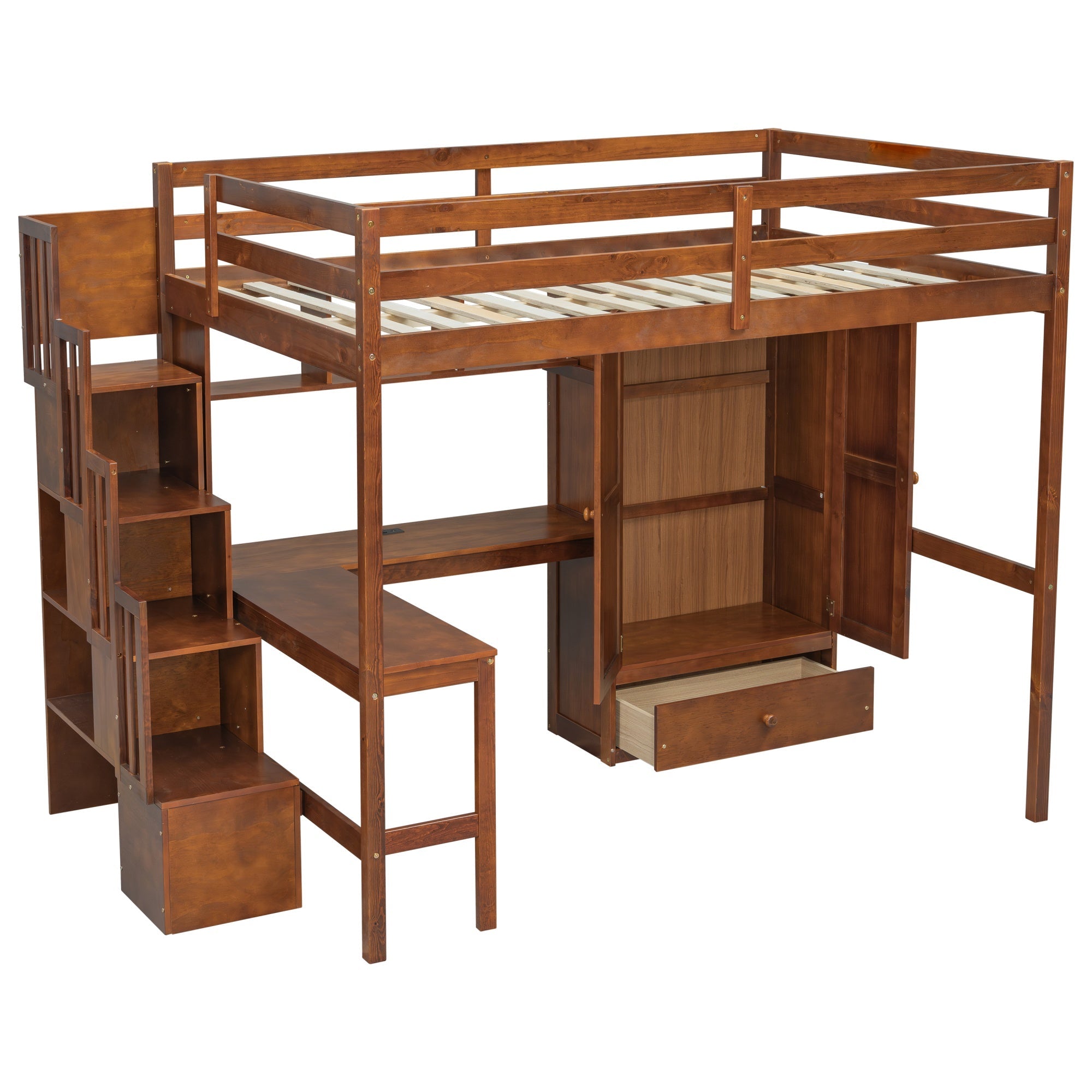 Bellemave® Full Size Loft Bed with Built - in Desk, Bookshelf & Wardrobe - Space - Saving Storage Staircase, Safety Guardrails and Solid Slats, Walnut Finish - Bellemave