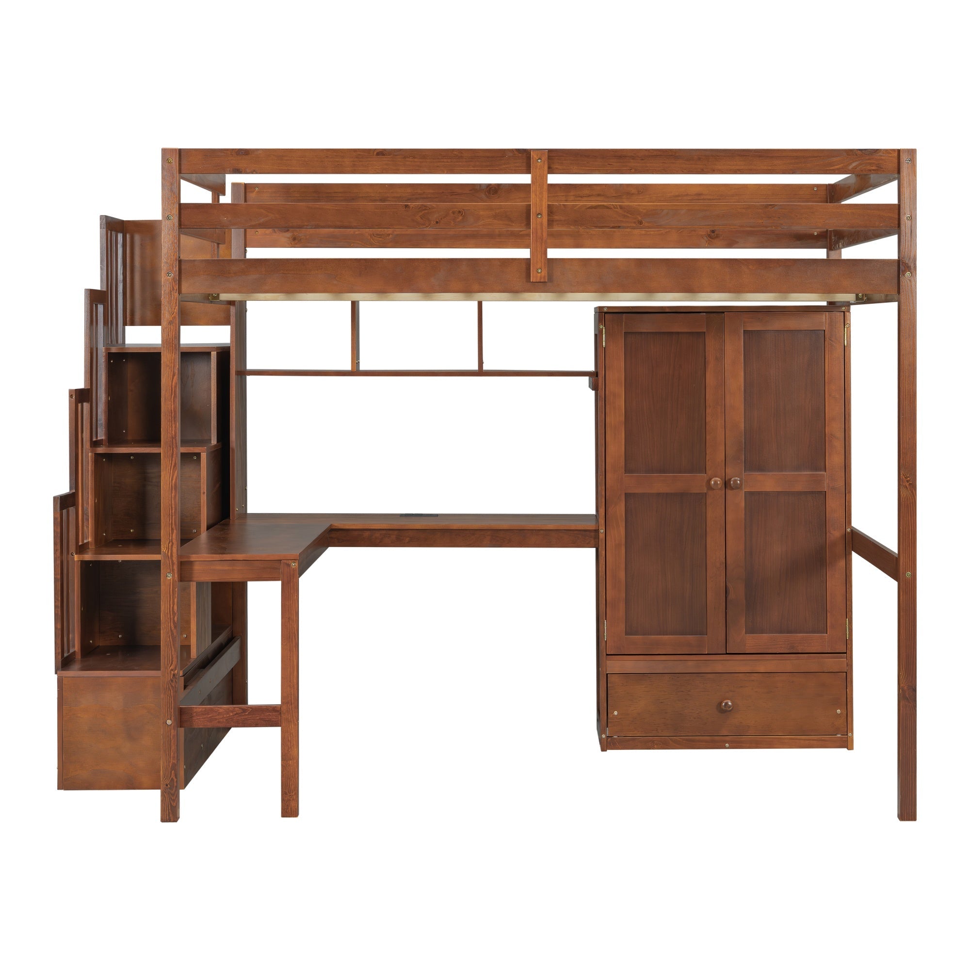 Bellemave® Full Size Loft Bed with Built - in Desk, Bookshelf & Wardrobe - Space - Saving Storage Staircase, Safety Guardrails and Solid Slats, Walnut Finish - Bellemave