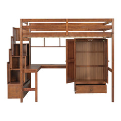 Bellemave® Full Size Loft Bed with Built - in Desk, Bookshelf & Wardrobe - Space - Saving Storage Staircase, Safety Guardrails and Solid Slats, Walnut Finish - Bellemave