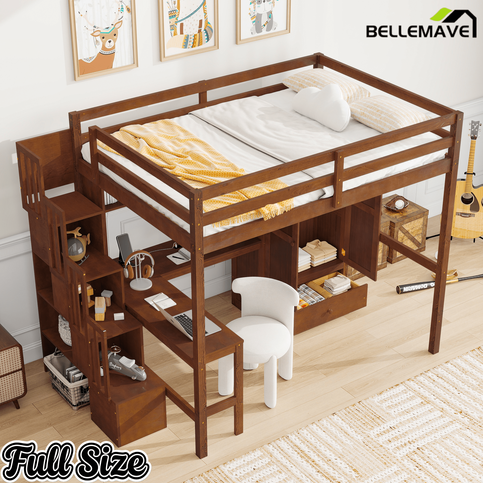 Bellemave® Full Size Loft Bed with Built - in Desk, Bookshelf & Wardrobe - Space - Saving Storage Staircase, Safety Guardrails and Solid Slats, Walnut Finish - Bellemave