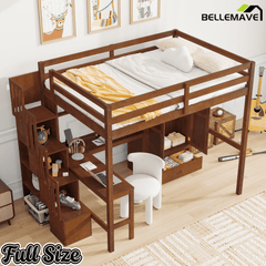 Bellemave® Full Size Loft Bed with Built - in Desk, Bookshelf & Wardrobe - Space - Saving Storage Staircase, Safety Guardrails and Solid Slats, Walnut Finish - Bellemave
