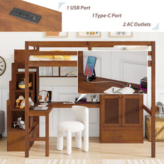 Bellemave® Full Size Loft Bed with Built - in Desk, Bookshelf & Wardrobe - Space - Saving Storage Staircase, Safety Guardrails and Solid Slats, Walnut Finish - Bellemave