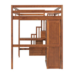 Bellemave® Full Size Loft Bed with Built - in Desk, Bookshelf & Wardrobe - Space - Saving Storage Staircase, Safety Guardrails and Solid Slats, Walnut Finish - Bellemave