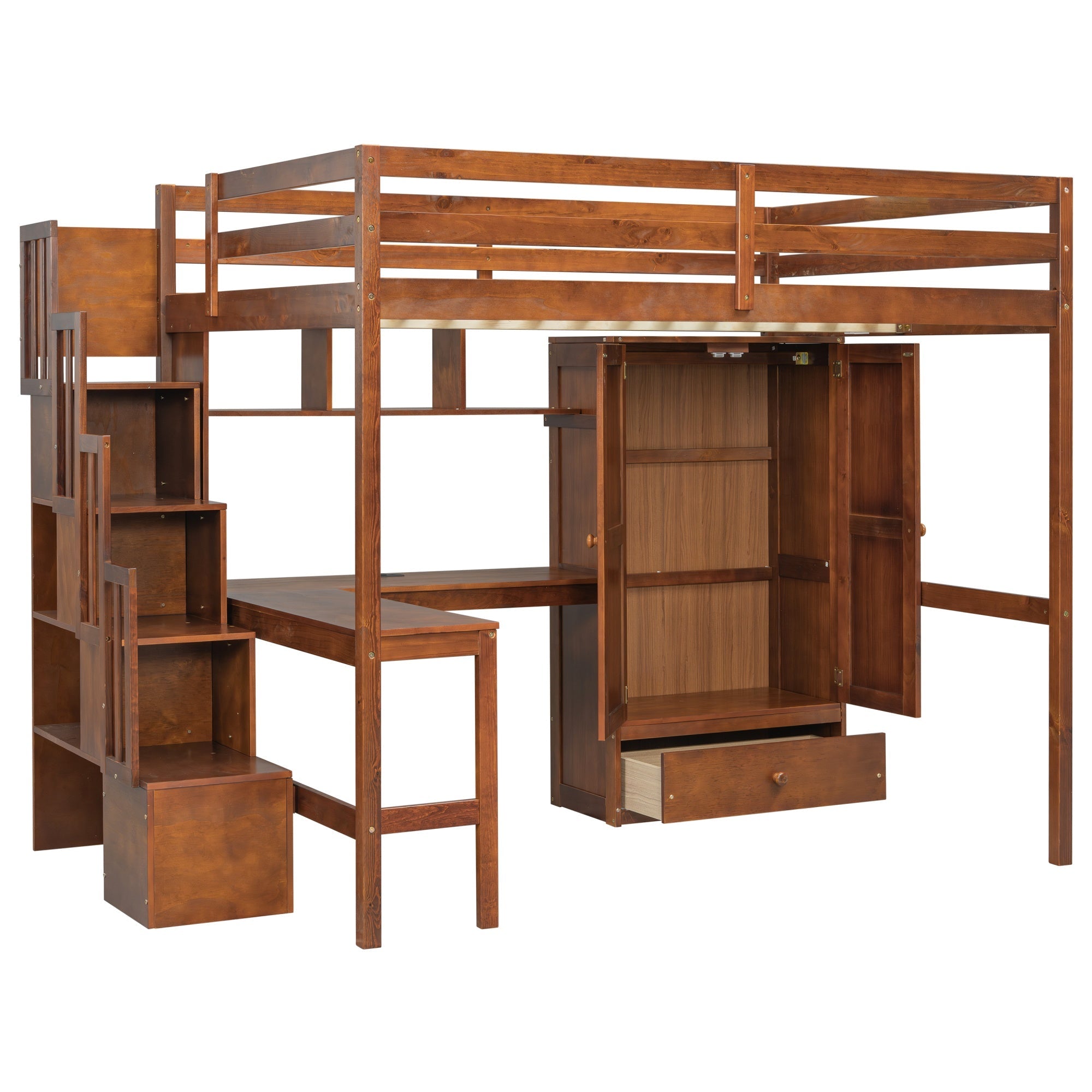 Bellemave® Full Size Loft Bed with Built - in Desk, Bookshelf & Wardrobe - Space - Saving Storage Staircase, Safety Guardrails and Solid Slats, Walnut Finish - Bellemave
