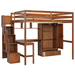 Bellemave® Full Size Loft Bed with Built - in Desk, Bookshelf & Wardrobe - Space - Saving Storage Staircase, Safety Guardrails and Solid Slats, Walnut Finish - Bellemave