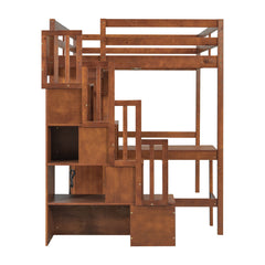Bellemave® Full Size Loft Bed with Built - in Desk, Bookshelf & Wardrobe - Space - Saving Storage Staircase, Safety Guardrails and Solid Slats, Walnut Finish - Bellemave