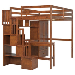 Bellemave® Full Size Loft Bed with Built - in Desk, Bookshelf & Wardrobe - Space - Saving Storage Staircase, Safety Guardrails and Solid Slats, Walnut Finish - Bellemave