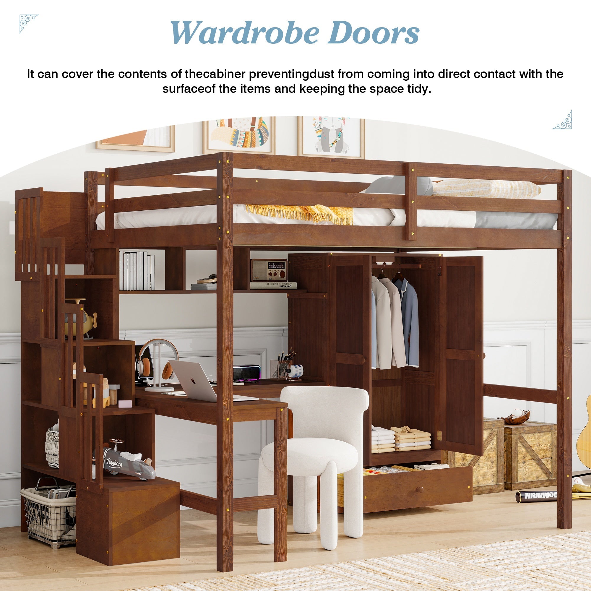 Bellemave® Full Size Loft Bed with Built - in Desk, Bookshelf & Wardrobe - Space - Saving Storage Staircase, Safety Guardrails and Solid Slats, Walnut Finish - Bellemave
