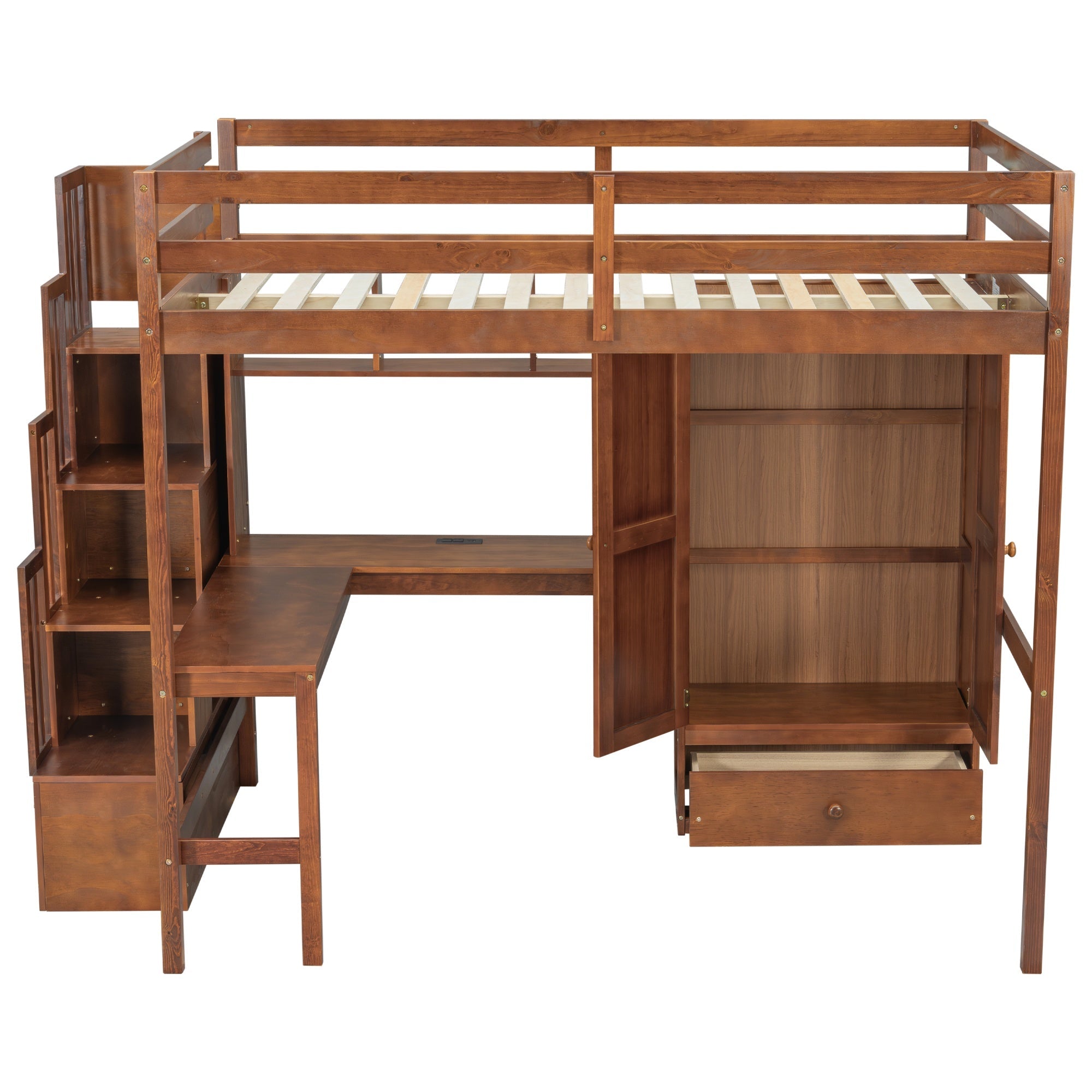 Bellemave® Full Size Loft Bed with Built - in Desk, Bookshelf & Wardrobe - Space - Saving Storage Staircase, Safety Guardrails and Solid Slats, Walnut Finish - Bellemave
