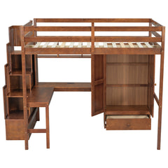 Bellemave® Full Size Loft Bed with Built - in Desk, Bookshelf & Wardrobe - Space - Saving Storage Staircase, Safety Guardrails and Solid Slats, Walnut Finish - Bellemave