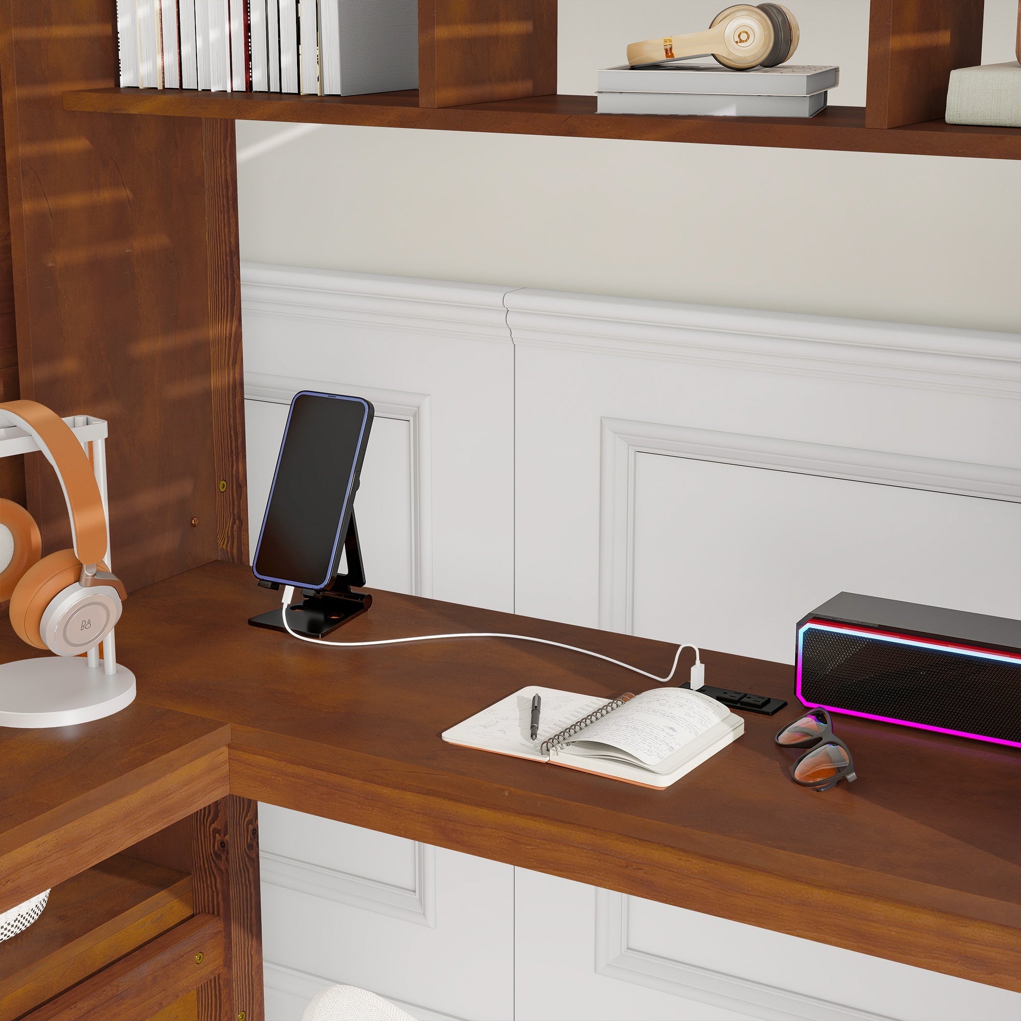 Bellemave® Full Size Loft Bed with Built - in Desk, Bookshelf & Wardrobe - Space - Saving Storage Staircase, Safety Guardrails and Solid Slats, Walnut Finish - Bellemave