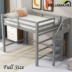 Bellemave® Full Size Loft Bed with Built - in Storage Wardrobe and Staircase - Bellemave