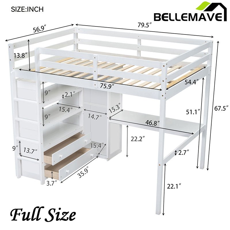 Bellemave® Full Size Loft Bed with Built - in Wardrobe and Desk, Storage Shelves and Drawers - Bellemave