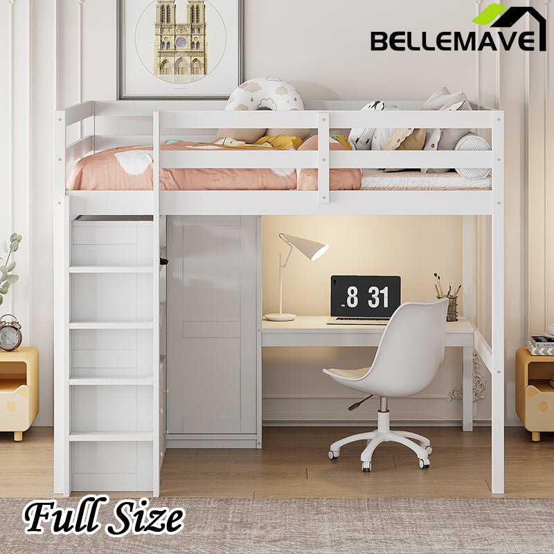 Bellemave® Full Size Loft Bed with Built - in Wardrobe and Desk, Storage Shelves and Drawers - Bellemave