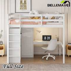 Bellemave® Full Size Loft Bed with Built - in Wardrobe and Desk, Storage Shelves and Drawers - Bellemave