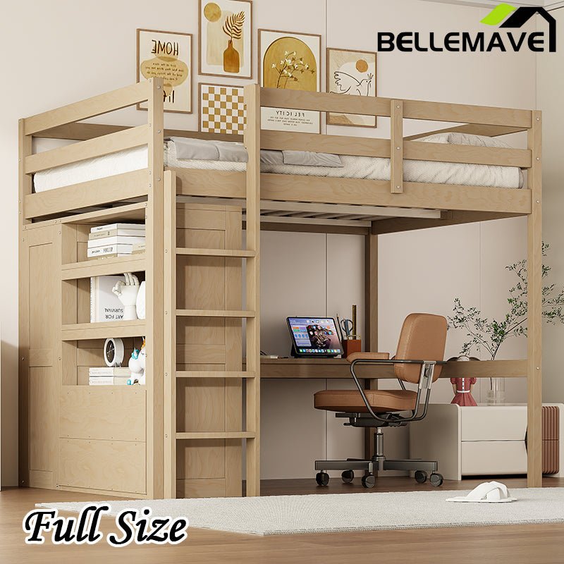 Bellemave® Full Size Loft Bed with Built - in Wardrobe and Desk, Storage Shelves and Drawers - Bellemave