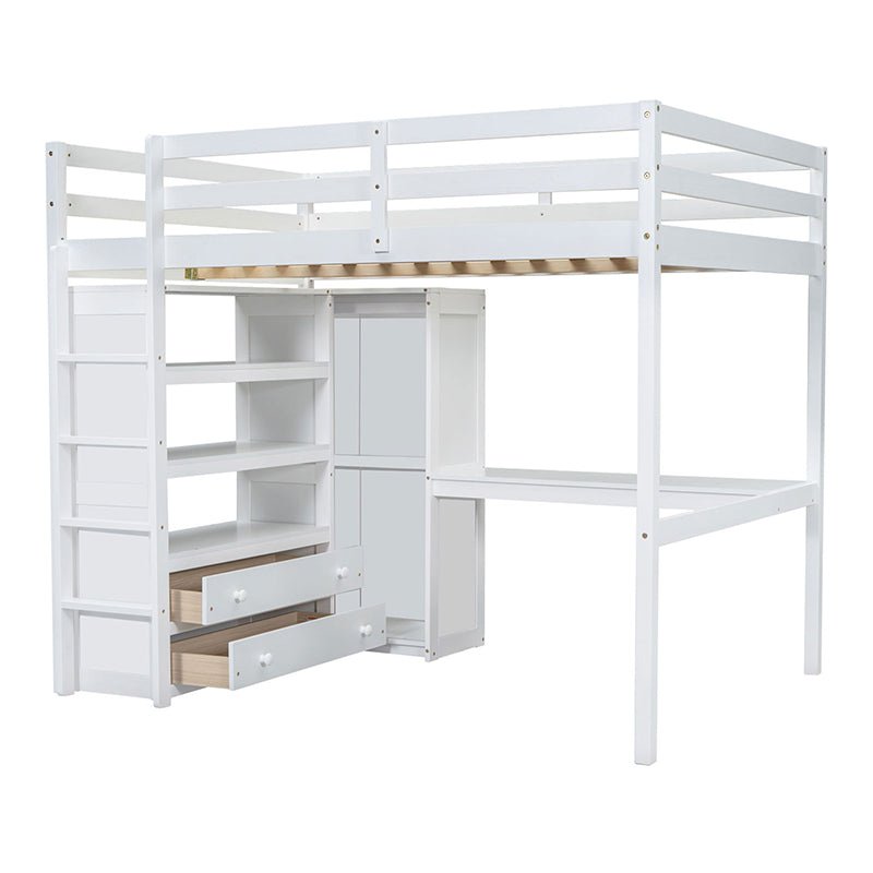 Bellemave® Full Size Loft Bed with Built - in Wardrobe and Desk, Storage Shelves and Drawers - Bellemave