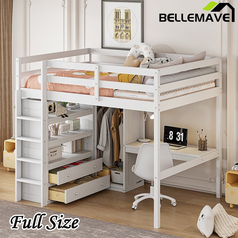 Bellemave® Full Size Loft Bed with Built - in Wardrobe and Desk, Storage Shelves and Drawers - Bellemave