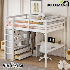 Bellemave® Full Size Loft Bed with Built - in Wardrobe and Desk, Storage Shelves and Drawers - Bellemave
