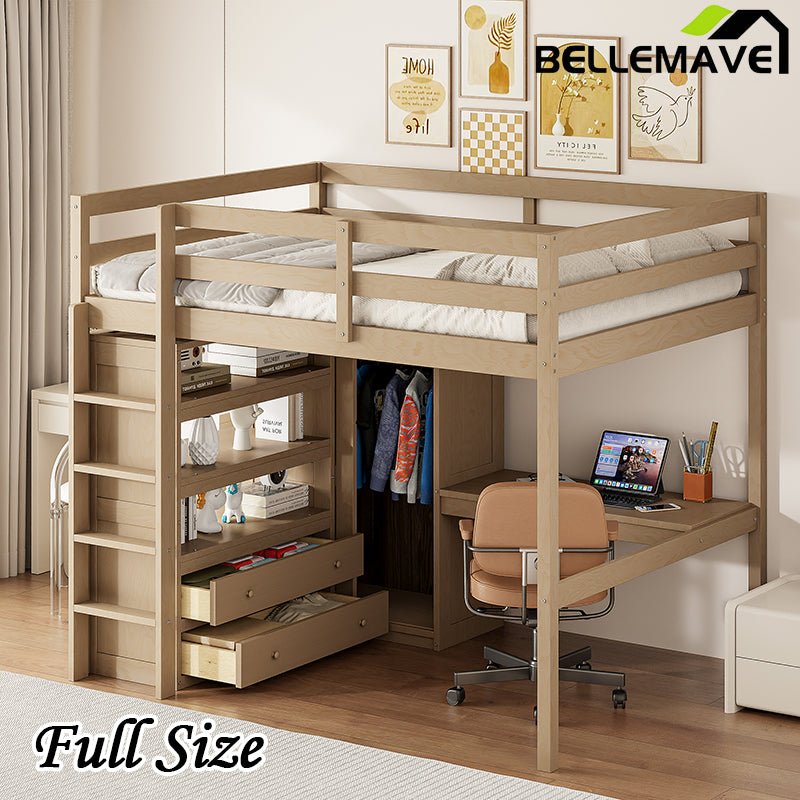 Bellemave® Full Size Loft Bed with Built - in Wardrobe and Desk, Storage Shelves and Drawers - Bellemave