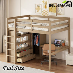 Bellemave® Full Size Loft Bed with Built - in Wardrobe and Desk, Storage Shelves and Drawers - Bellemave