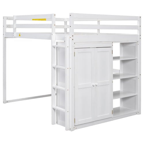 Bellemave® Full Size Loft Bed with Built - in Wardrobe and Storage Shelves, LED Light - Bellemave