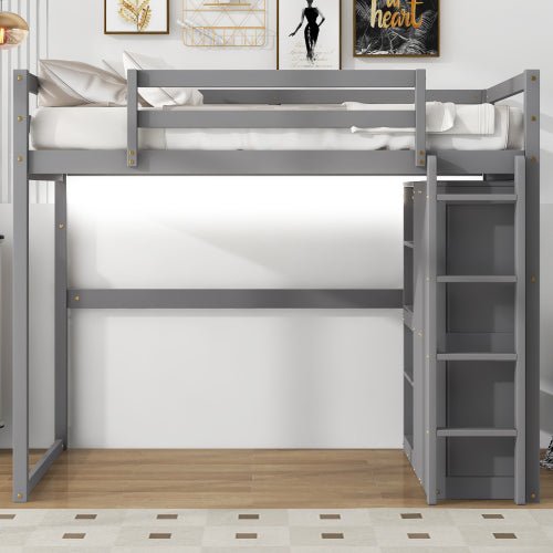 Bellemave® Full Size Loft Bed with Built - in Wardrobe and Storage Shelves, LED Light - Bellemave