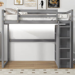 Bellemave® Full Size Loft Bed with Built - in Wardrobe and Storage Shelves, LED Light - Bellemave