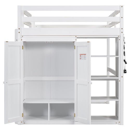 Bellemave® Full Size Loft Bed with Built - in Wardrobe and Storage Shelves, LED Light - Bellemave