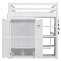 Bellemave® Full Size Loft Bed with Built - in Wardrobe and Storage Shelves, LED Light - Bellemave