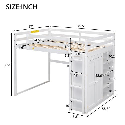 Bellemave® Full Size Loft Bed with Built - in Wardrobe and Storage Shelves, LED Light - Bellemave