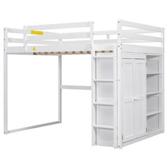 Bellemave® Full Size Loft Bed with Built - in Wardrobe and Storage Shelves, LED Light - Bellemave