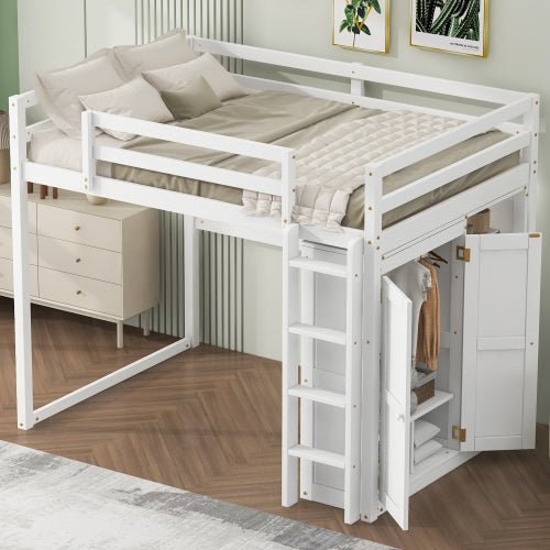Bellemave® Full Size Loft Bed with Built - in Wardrobe and Storage Shelves, LED Light - Bellemave