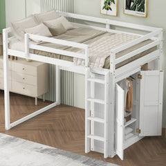 Bellemave® Full Size Loft Bed with Built - in Wardrobe and Storage Shelves, LED Light - Bellemave
