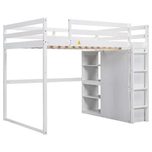 Bellemave® Full Size Loft Bed with Built - in Wardrobe and Storage Shelves, LED Light - Bellemave