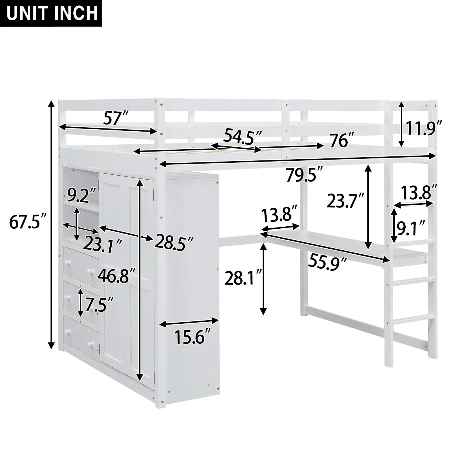 Bellemave® Full Size Loft Bed with Built - in Wardrobe, Desk, Storage Shelves and Drawers - Bellemave